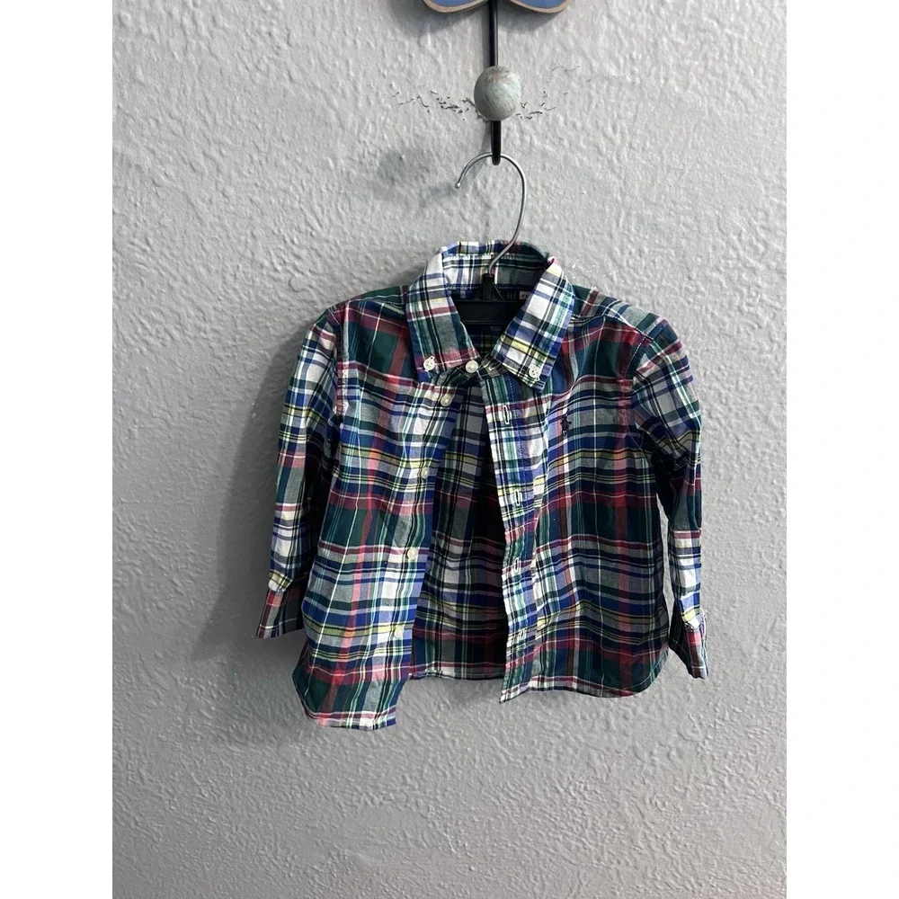 Ralph Lauren boys long sleeve blue plaid shirt size 12‎ Months